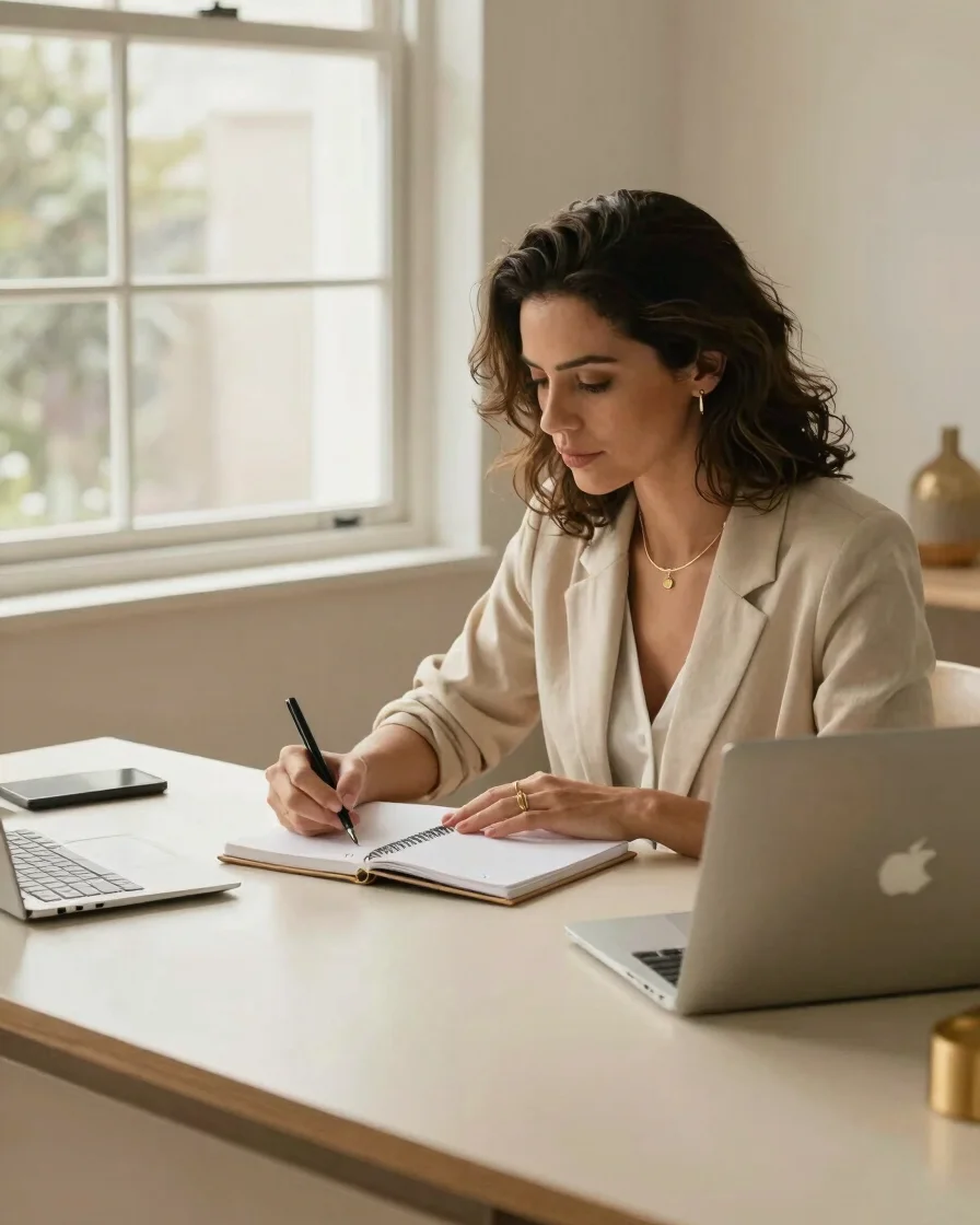 Editorial photography, soft Brazilian daylight through a window, a woman entrepreneur at a warm ivory desk planning with